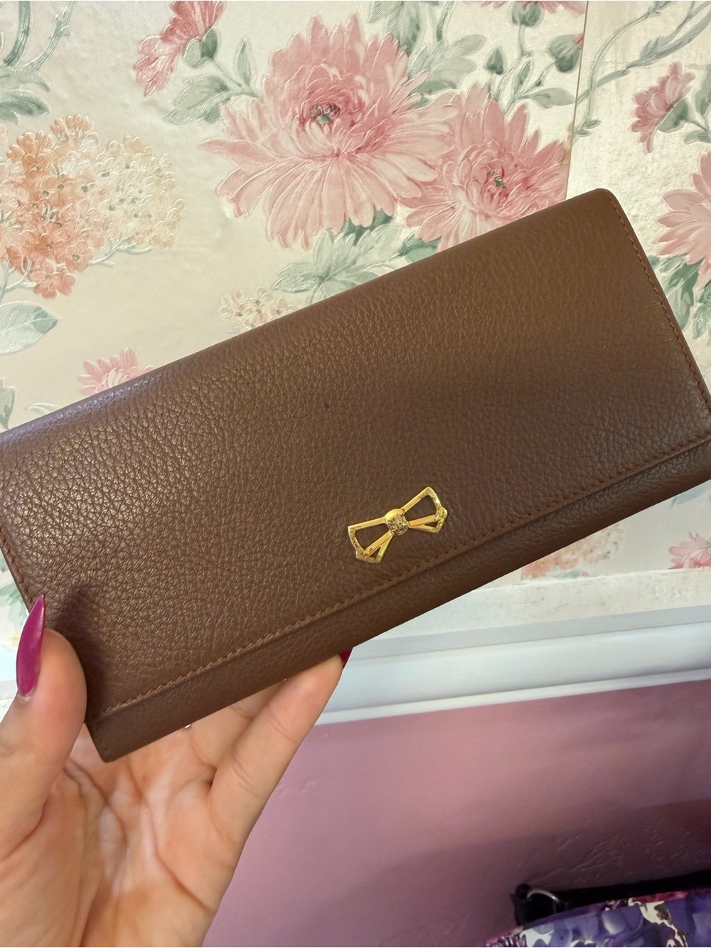Nina Ricci Brown Leather Wallet with Gold Bow Accent